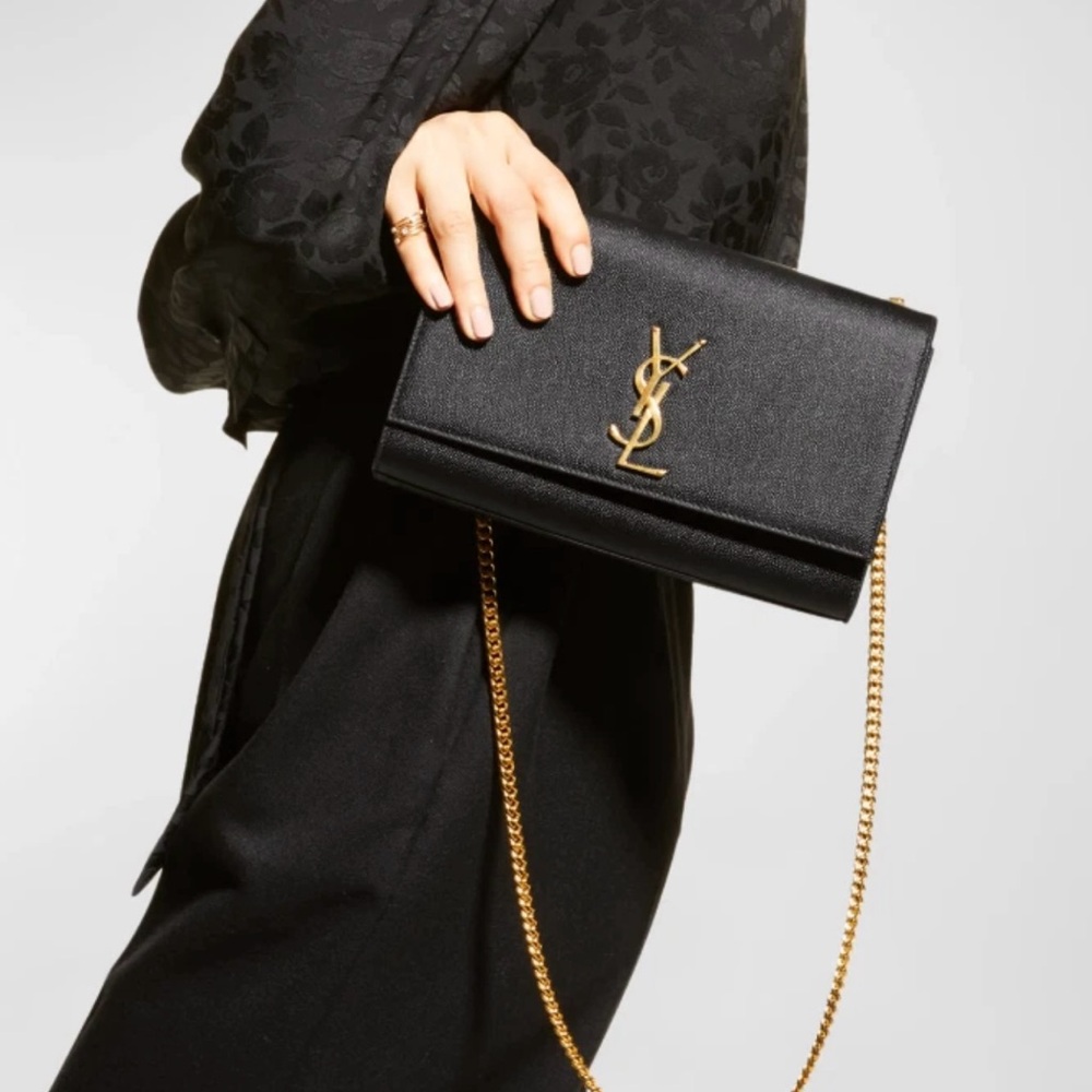 YSL Saint Laurent Kate Medium Grain de Poudre Shoulder Bag - Black and Gold AUTH
